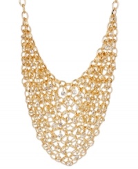 A real conversation starter. Haskell's stunning bib necklace combines layers of golden mesh and sparkling crystal accents. Crafted in gold tone mixed metal. Approximate length: 17 inches + 3-inch extender. Approximate drop: 6-3/4 inches.