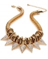 Stay sharp with this statement necklace from Bar III. Crafted from gold-tone mixed metal, the necklace sports spikes with glass crystal accents adorning them for a lustrous edge. Approximate length: 17 inches + 4-inch extender. Approximate drop: 1 inch.