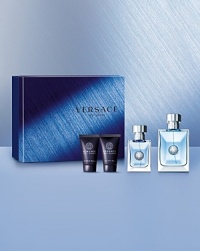 The Versace Pour Homme Holiday Set includes a 3.4 oz. Eau de Toilette Spray, 1 oz. Eau de Toilette Spray, 0.84 oz. After Shave Balm and 0.84 oz. Shower Gel.