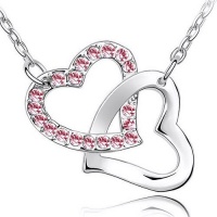 Contessa Bella Fancy Genuine 18k White Gold Plated Pink Swarovski Austrian Crystal Elements Beautiful Double Open Heart Women Charm Pendant Necklace Elegant Silver Color Crystal Fashion Jewelry