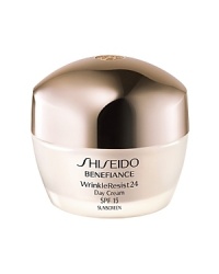 An age-defense daytime moisturizer that helps protect skin from damage caused by external aging factors such as UV rays. The appearance of lines and wrinkles are dramatically reduced, while all-day rich moisture is maintained, even under dry conditions. Newly reformulated, Shiseido Benefiance WrinkleResist24 targets every step of wrinkle formation for youthful looking skin that can resist signs of aging. The entire line contains a revolutionary breakthrough ingredient, Mukurossi Extract, which directly inhibits the activity of a wrinkle-triggering enzyme. Skin is made resistant to future signs of aging while existing signs of wrinkles are visibly improved.