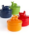 Character building. Bring your table to life with a quick splash of color topped off by a charming figural. An effortless way to make every meal more personal, these mini cocottes are great looking and great for cooking, too, with oven-to-table ceramic designs, glazed non-porous exteriors and a dishwasher-safe promise. Lifetime warranty.