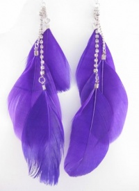 One New Pair of Vivid Purple Three Feather Earrings with Rinestones