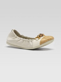 A toe of natural woven straw refreshes a classic ballerina flat of smooth and patent leather, with a signature horsebit adornment.Smooth and patent leather upperElasticized sides and backBamboo horsebit with golden hardwareRubber soleMade in Italy