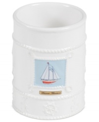 Set sail for uncharted bath decor with this nautical-themed tumbler from Creative Bath. Emblazoned with a seafaring schooner, this charming piece docks beautifully-powder rooms to bathrooms.