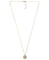 Understated appeal. Michael Kors' necklace, crafted from gold ion-plated steel, features a concave glass pave pendant for a subtle, yet stylish, statement. Approximate length: 30 inches + 2-inch extender. Approximate drop: 3/4 inch.