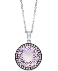 Punctuate your look with pastels. This stunning sterling silver necklace highlights a round-cut natural pink amethyst (7-1/5 ct. t.w.) and a halo of round-cut purple Swarovski zirconias (1/2 ct. t.w.). Approximate length: 18 inches. Approximate drop: 3/4 inch.