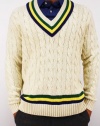 Polo Ralph Lauren Men's Cream Cricket Pull Over Knit V-Neck Sweater Cream White