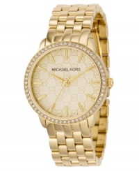 Decadent style that glistens and glitters. This Lady Nini collection watch from Michael Kors features a goldtone ion-plaged stainless steel bracelet and round case. Crystal accents at bezel. Light champagne dial with MK argyle pattern, goldtone stick indices and logo. Quartz movement. Water resistant to 50 meters. Two-year limited warranty.