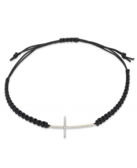 Shine of the cross. Single-cut diamonds (1/6 ct. t.w.) are set in YellOra™ and centered on a black parachute cord for a stunning effect. Bracelet adjusts to fit wrist. Approximate length: 11 inches.