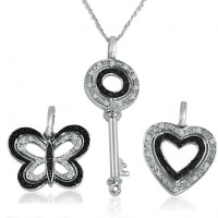 Black and White Diamond 3 Necklace Set in Sterling Silver Key, Heart & Butterfly (1/5cttw. 18in. Chain)