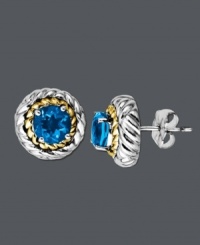 Stud earrings provide the perfect versatile accessory. These dazzling earrings feature a sterling silver setting with 14k gold rope edging that highlights a round-cut blue topaz (2 ct. t.w.). Approximate diameter: 3/8 inch.