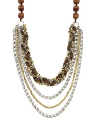 Four times the fun. BCBGeneration's ultra-chic multi-layer necklace features four rows of wooden beads and brown braided cotton mixed with silver and gold tone mixed metal. Approximate length: 17 inches. Approximate drop: 6-1/2 inches.