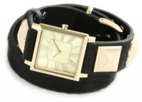 Vince Camuto Women's VC/5028CHBK Leather Square Gold-Tone Black Pony Hair Double-Wrap Strap Watch