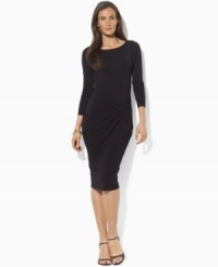 Creating a sleek and cinched silhouette, Lauren by Ralph Lauren's twisted knot detail dresses up the classic look of a long-sleeved dress, crafted from soft stretch jersey. (Clearance)