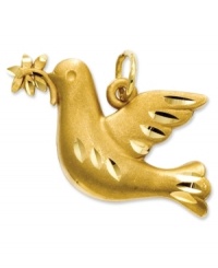 A symbol of peace, this pretty dove charm has a beautiful meaning. Crafted in 14k gold with a satin finish and diamond-cut design. Chain not included. Approximate length: 3/5 inch. Approximate width: 4/5 inch.