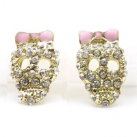 DaisyJewel Top Seller Mega Clearance Sale Zombie Reaper Glam Betsey Johnson Style Mini Pink Bow Crystal Encrusted Gold Skull Stud Earrings - La Calaverada Calaca - El Difunto Los Angelitos