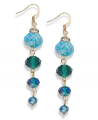 Vibrant and varied. Different sizes of glass rondelle beads combine with tasteful turquoise hues on c.A.K.e. by Ali Khan's rondelle beaded linear drop earrings. Crafted in gold tone mixed metal, they're adorned with sparkling clear crystals. Approximate drop: 2 inches.