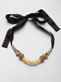 An unique design that features a beautiful blend of horn beads, metals and colorful stones on a satin ribbon. Cow hornBrassGlassPolyester Length, about 17.7Tie closureMade in Italy and imported