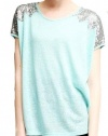 Gorgeous Ya Los Angeles Aqua Blue Sweater with Silver Sequin Accented Shoulders (Medium)