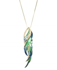 Fine-feathered fashion. RACHEL Rachel Roy's vivacious pendant is a fashionista's dream, with a trendy long chain and bright blue and green glass accents. Set in gold tone mixed metal. Approximate length: 30 inches. Approximate drop: 3-1/2 inches.