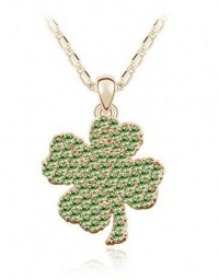 Fashionable Gold Tone Green Chain Swarovski Crystal Clover Flower Pendant Necklace Nature Girl Charm