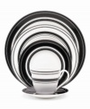 Black and white stripes create a bold graphic pattern on St. Kitts Pinney's Beach place setting for a look of modern sophistication and, in dishwasher-safe bone china, effortless everyday durability.