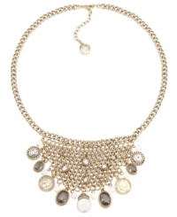 Traditional pearls in a trendy setting. Carolee's stylish bib necklace combines a mesh setting with glass stones, glass pearls and vintage-themed coins for a shimmering effect. Set in antique gold tone mixed metal. Approximate length: 17 inches + 2-inch extender. Approximate drop: 2-1/4 inches.