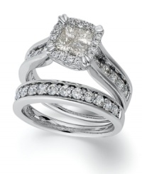 For the moment that will last a lifetime, this stunning Princess Treasures' ring set features an engagement ring with four princess-cut diamonds at center and smaller round-cut diamonds at the shoulders. The matching wedding band also features round-cut diamonds (total 2 ct. t.w.). Crafted in 14k white gold.