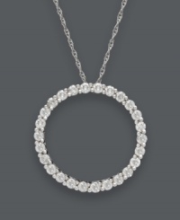 Looking for a classic look that's eternally stylish? This stunning open-cut circle pendant is truly timeless. Crafted in 14k white gold with a seamless row of sparkling, round-cut diamonds (1/2 ct. t.w.). Approximate length: 18 inches. Approximate drop: 5/8 inches.