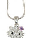 Small Adorable 1/2 Crystal Hello Kitty Pendant and Necklace - Light Purple Flower Bow - Silver Plated