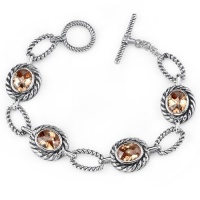 Dramatic Chic: Designer Inspired Sterling Silver Rhodium Finish Cable Design Toggle bar Oval Link Bracelet with Sparkling Champagne CZ