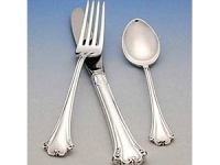 The pattern on this exceptional flatware is adapted from one of cabinetmaker Thomas Chippendale's designs, called the double scroll. Beautiful implements in sterling silver that are sure to enhance any formal table setting.