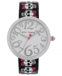 Show your bones. This edgy Betsey Johnson watch features a skull print at the bracelet.