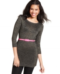 Looking for the right top to get you through the festive season? Enter Sweater Project's three-quarter sleeve metallic tunic! Contrasted with a bright skinny belt, this top rocks your day or night with all-eyes-on-you style!