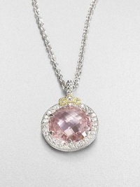 A sparkling pave frame of white sapphires encircles a rosy crystal on this elegant pendant design.Pink crystalSterling silverWhite sapphiresLength, about 17Pendant size, about 1Lobster clasp closureImported