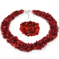 18 Multi Strands Red Coral Chips Cluster Necklace and Bracelet Set