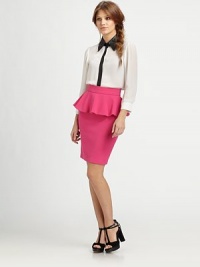 Lightest silk chiffon in a slim-fit button-down edged with colorblock trim and an edgy leather collar.Leather point collarLong sleevesButton cuffsConcealed button-front placketBack box pleatAbout 24 from shoulder to hemSilk body; leather collarDry clean by a leather specialistImportedModel shown is 5'8½ (174cm) wearing US size Small.