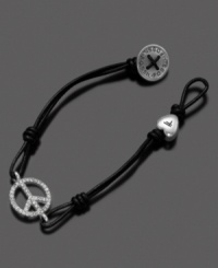 Chic and charming, this bracelet from Fossil gives the classic peace symbol a little bling with glittering crystal accents set in silvertone mixed metal. With an adjustable black leather cord and silvertone mixed metal button and heart charms. Measures approximately 7-1/2 inches long.