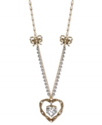 A lovely addition to your jewelry box. This long necklace from Betsey Johnson flaunts a dangling rope heart pendant with a crystal accent at the center. With a silver tone crystal cup chain accent and gold tone rope bows. Crafted in antiqued gold tone mixed metal. Approximate length: 32 inches + 3-inch extender. Approximate drop: 1-1/2 inches.