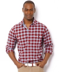 Preppy plaid gets an update for fall with this button-front shirt from Nautica.