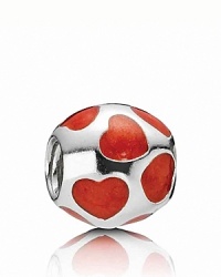 Sterling silver serves as polished backdrop to sweet heart motifs in red enamel. Charm by PANDORA.