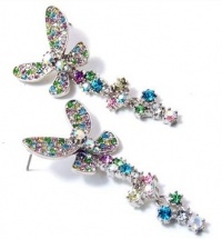 Beautiful Floating Butterfly Dangle Earrings with Pink, Blue, Green, Purple Multicolor Austrian Crystals