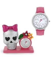 This watch and clock set from Betsey Johnson is so fab it could wake the dead. Includes a leather watch and small clock with a glitter-covered skull and 26mm case.