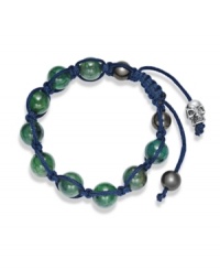 Spiritual-inspired bracelets are all the rage this season! Snap up this hot style from Ali Khan featuring semi-precious green agate beads and a silver tone skull accent on a trendy blue cord. Bracelet adjusts to fit the wrist. Approximate diameter: 2 inches. Approximate length: 12-1/4 inches.