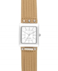 Natural tones bring soothing appeal with this Nine West watch. Crafted of brown cut leather strap with stud detail and square silver tone mixed metal case. White dial features silver tone stick indices, minute track, hour and minute hands, sweeping second hand and logo at six o'clock. Quartz movement. Limited lifetime warranty.