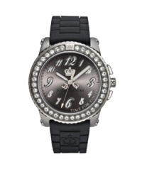 Even nice girls have a dark side. Pedigree watch by Juicy Couture crafted of black synthetic jelly strap and round stainless steel case. Bezel crystallized with Swarovski elements. Gunmetal sunray dial features applied numerals, black minute track, three hands and crown logo. Quartz movement. Water resistant to 30 meters. Two-year limited warranty.