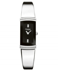 Gracefully enigmatic, this fine women's watch is crafted with the timeless quality and styling of Caravelle by Bulova. Stainless steel silvertone bracelet and rectangular case. Black rectangular dial with logo and diamond accents. Quartz movement. Water resistant to 30 meters. Three-year limited warranty.