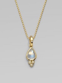 A luminescent blue moonstone in a beautiful teardrop shape with a pavé diamond bale and three dazzling diamonds set in radiant 18k gold. Blue moonstoneDiamonds, .135 tcw18k goldSize, about ½Diamond accented 18k gold baleMade in ItalyPlease note: Necklace sold separately. 