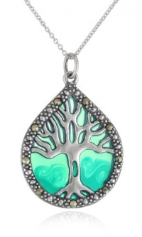 Sterling Silver Marcasite and Blue Epoxy Tree of Life Pendant Necklace, 18